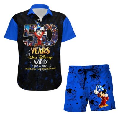 Mickey Fantasia Blue 50th Anniversary Glitter Castle Disney Hawaiian Summer Vacation Button Down Shirt Shorts Set Unisex Outfits 2 Mickey Fantasia Blue 50th Anniversary Glitter Castle Disney Hawaiian Summer Vacation Button Down Shirt Shorts Set Unisex Outfits 2