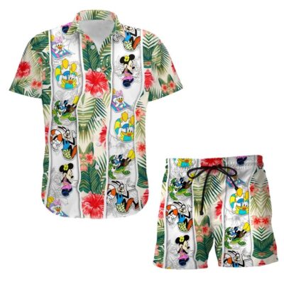 Mickey & Friends Floral Summer Tropical Print Disney Hawaiian Button Down Shirt Shorts Set Unisex Outfits