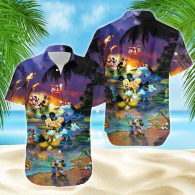 Mickey & Minnie Mouse Sunset Beach Disney Hawaiian Button Down Shirt Vacation Cartoon Outfits 3 Mickey Minnie Mouse Sunset Beach Disney Hawaiian Button Down Shirt Vacation Cartoon Outfits 3