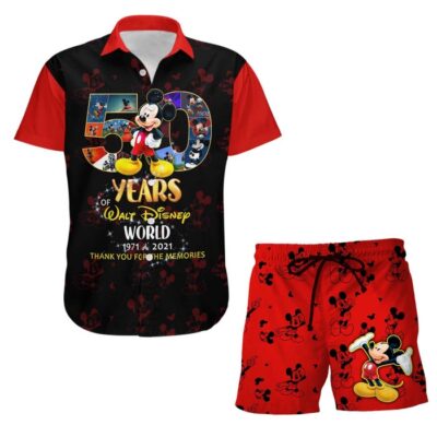 Mickey Mouse Red 50th Anniversary Glitter Castle Disney Hawaiian Summer Vacation Button Down Shirt Shorts Set Unisex Outfits 2 Mickey Mouse Red 50th Anniversary Glitter Castle Disney Hawaiian Summer Vacation Button Down Shirt Shorts Set Unisex Outfits 2