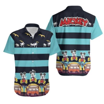 Mickey Sketch Stripe Summer Tropical Print Disney Hawaiian Button Down Shirt Shorts Set Unisex Outfits 1