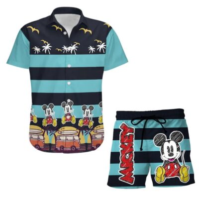 Mickey Sketch Stripe Summer Tropical Print Disney Hawaiian Button Down Shirt Shorts Set Unisex Outfits