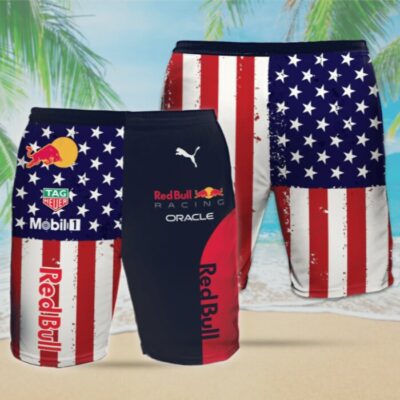 Red Bull Racing Mix Flag US Hawaiian Beach Set Racing Mens Hawaiian Beach Set Hawaiian Shirt and Short For Summer 2