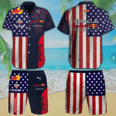 Red Bull Racing Mix Flag US Hawaiian Beach Set Racing Men's Hawaiian Beach Set - Hawaiian Shirt and Short For Summer