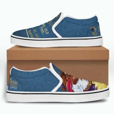 Beauty And The Beast Tale as Old as Time Blue Pattern Disney Graphic Cartoon Unisex Slip On Low Top Canvas Shoes 4 Beauty And The Beast Tale as Old as Time Blue Pattern Disney Graphic Cartoon Unisex Slip On Low Top Canvas Shoes 4