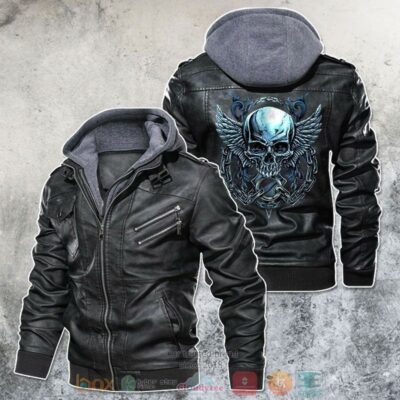 Blue Chained Skull With Wings Leather Jacket LJ0531