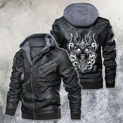 Hellfire Devil Skull Satan Black Brown Red Leather Jacket With Removable Hood For Mens Motorcycle Biking Racer LJ4547