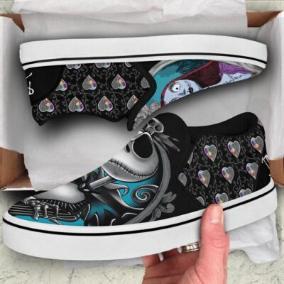 Jack Sally Dark Halloween Black Patterns Disney Graphic Cartoon Unisex Slip On Low Top Canvas Shoes 3