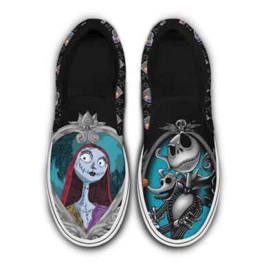 Jack Sally Dark Halloween Black Patterns Disney Graphic Cartoon Unisex Slip On Low Top Canvas Shoes 4