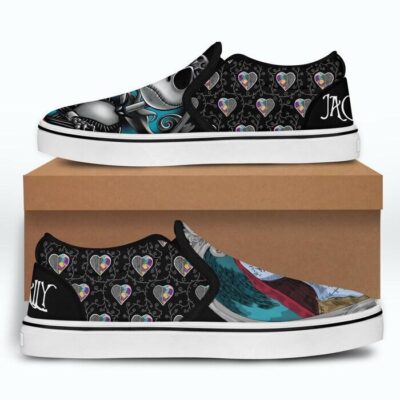 Jack Sally in Frame Dark Halloween Black Patterns Disney Graphic Cartoon Unisex Slip On Low Top Canvas Shoes 4