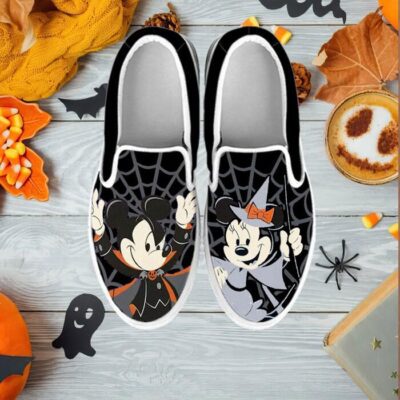 Mickey and Minnie Mouse Custom Sip On Shoes, Halloween Canvas Shoes, Mickey Halloween Vans Shoes, Slip On Shoes
