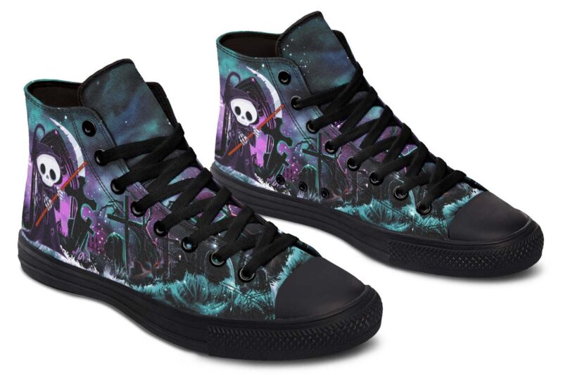 Purple Night Cartoon Reaper Halloween Black Canvas High Top Shoes