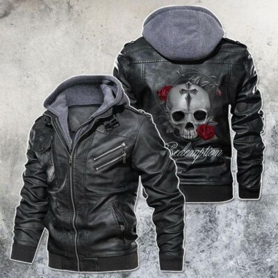 Skull And Rose Redemption Black Brown Red Leather Jacket With Removable Hood For Mens Motorcycle Biking Racer LJ4540