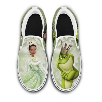 Tiana Princess The Frog Prince Green White Pattern Disney Graphic Cartoon Unisex Slip On Low Top Canvas Shoes 1