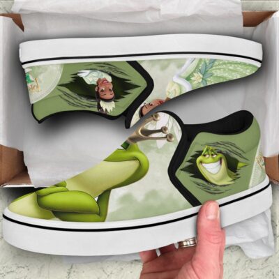 Tiana Princess The Frog Prince Green White Pattern Disney Graphic Cartoon Unisex Slip On Low Top Canvas Shoes 2