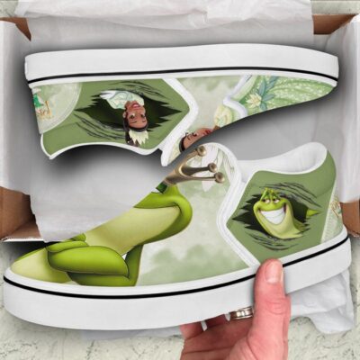 Tiana Princess The Frog Prince Green White Pattern Disney Graphic Cartoon Unisex Slip On Low Top Canvas Shoes 3