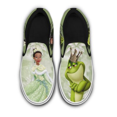 Tiana Princess & The Frog Prince Green White Pattern Disney Graphic Cartoon Unisex Slip On Low Top Canvas Shoes