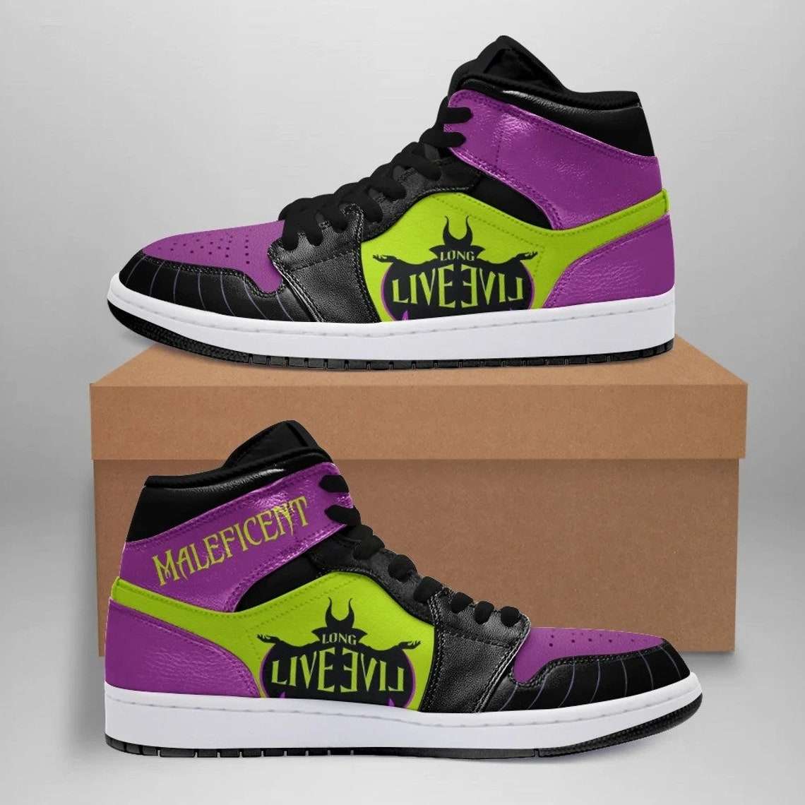 Villian Maleficent Purple Green Air Jordan 1 High Top Sneakers Custom ...