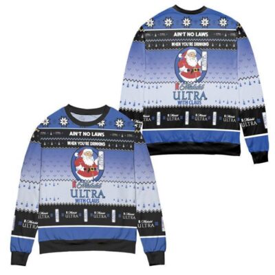 Ain't No Laws When You're Drinking Michelob Ultra With Claus Ugly Christmas Sweater - Black Blue