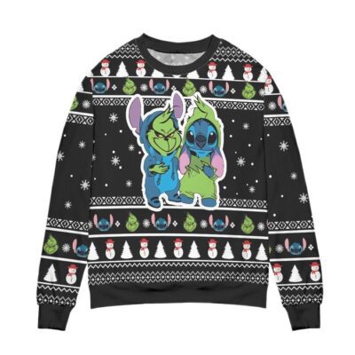 Baby Grinch And Stitch Snowman Pattern Claus Ugly Christmas Sweater - Black 1 Baby Grinch And Stitch Snowman Pattern Claus Ugly Christmas Sweater Black 1