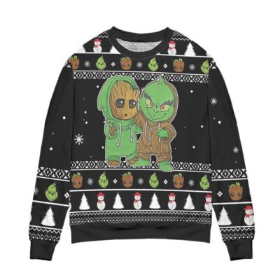 Baby Groot And Grinch Best Friends Ugly Christmas Sweater Black 1