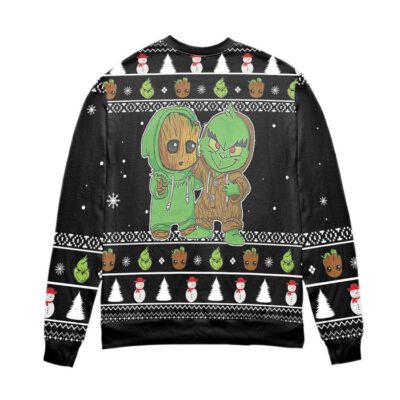 Baby Groot And Grinch Snowman Pattern Claus Ugly Christmas Sweater Black 2