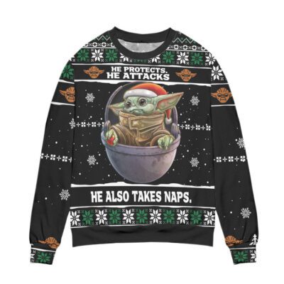 Baby Yoda He Protects He Attacks He Also Takes Naps Snowflake Pattern Ugly Christmas Sweater Black 1
