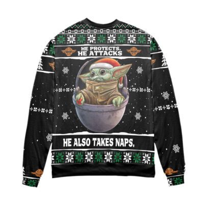 Baby Yoda He Protects He Attacks He Also Takes Naps Snowflake Pattern Ugly Christmas Sweater Black 2