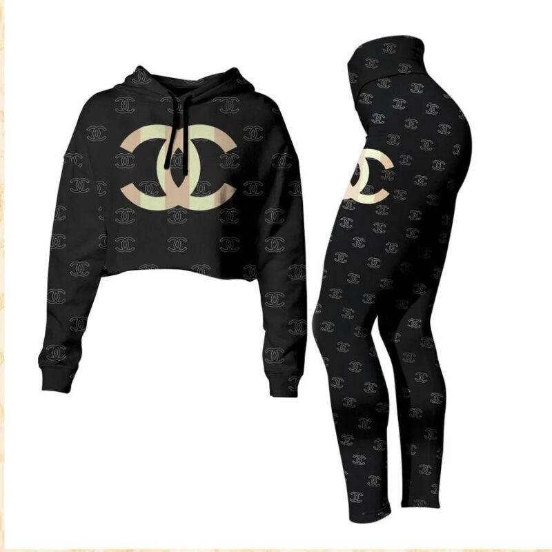 Chanel Black Croptop Hoodie Legging Set For Women Luxury