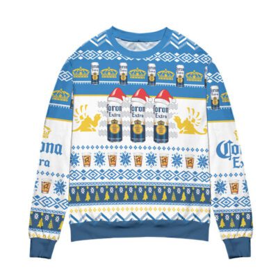 Corona Extra Beer Logo Christmas Pattern Ugly Christmas Sweater White Blue 1