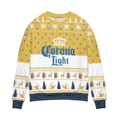 Corona Light Beer Snowflake Pattern Ugly Christmas Sweater - White Yellow 1 Corona Light Beer Snowflake Pattern Ugly Christmas Sweater White Yellow 1