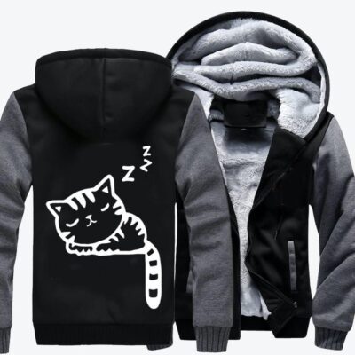 Cute Sleeping Cat Hangs Its Tail Cat Fleece Zip Hoodie Jacket 2