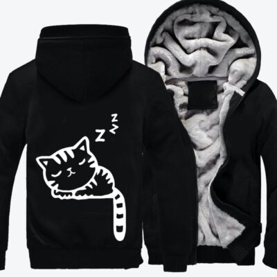 Cute Sleeping Cat Hangs Its Tail Cat Fleece Zip Hoodie Jacket 3