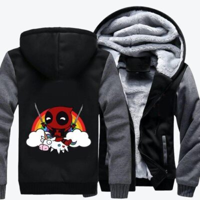 Deadpool Riding Unicorn On Rainbow Deadpool Fleece Zip Hoodie Jacket 2