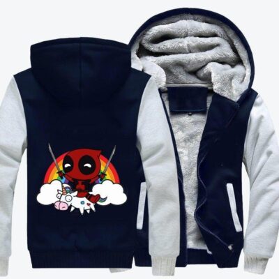 Deadpool Riding Unicorn On Rainbow Deadpool Fleece Zip Hoodie Jacket
