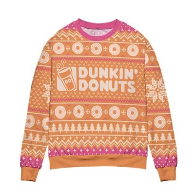 Dunkin' Donuts Snow Flake & Pine Tree Ugly Christmas Sweater - Orange 2 Dunkin Donuts Snow Flake Pine Tree Ugly Christmas Sweater Orange 2