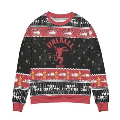 Fireball Red Hot Whisky Snowflake Ugly Christmas Sweater Black Red 1
