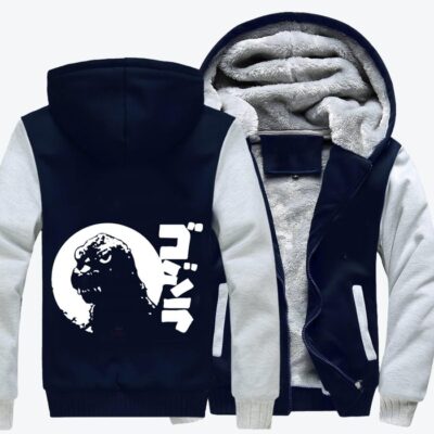 Grunge Motif Godzilla Fleece Zip Hoodie Jacket