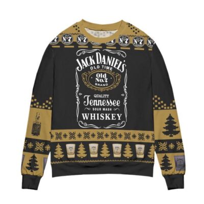 Jack Daniel's Sour Mash Whiskey Pine Tree & Snowflake Pattern Ugly Christmas Sweater - Black 1 Jack Daniels Sour Mash Whiskey Pine Tree Snowflake Pattern Ugly Christmas Sweater Black 1