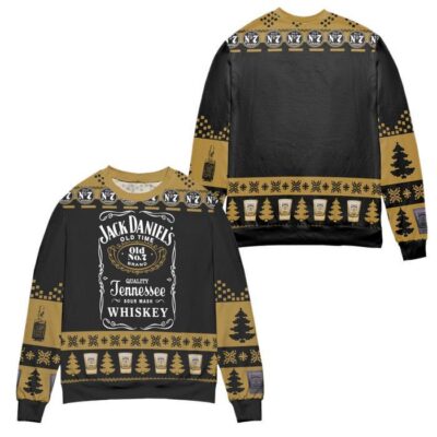 Jack Daniel's Sour Mash Whiskey Pine Tree & Snowflake Pattern Ugly Christmas Sweater - Black