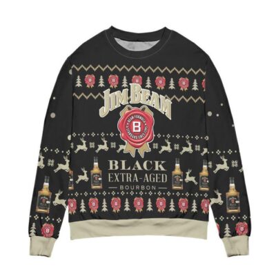 Jim Beam Black Extra Aged Bourbon Reindeer Pattern Ugly Christmas Sweater - Black 1 Jim Beam Black Extra Aged Bourbon Reindeer Pattern Ugly Christmas Sweater Black 1