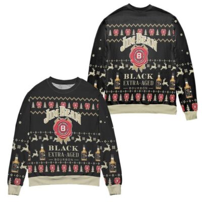 Jim Beam Black Extra Aged Bourbon Reindeer Pattern Ugly Christmas Sweater - Black