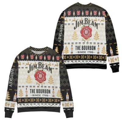 Jim Beam The Bourbon Since 1795 Pine Tree Pattern Ugly Christmas Sweater 1