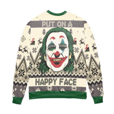Joker Put On A Happy Face Reindeer Pine Tree Pattern Ugly Christmas Sweater 1