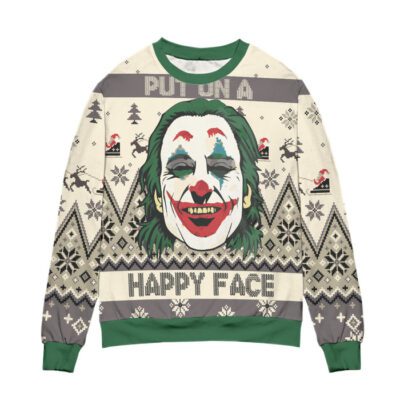 Joker Put On A Happy Face Reindeer Pine Tree Pattern Ugly Christmas Sweater 2