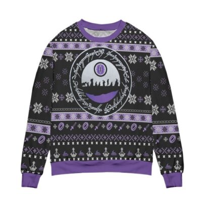 Lord Of The Rings Pattern Snowflake Ugly Christmas Sweater - Black Purple 1 Lord Of The Rings Pattern Snowflake Ugly Christmas Sweater Black Purple 1