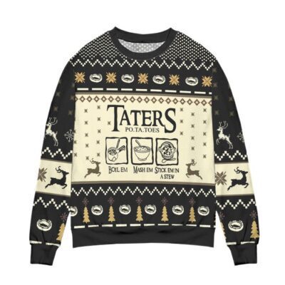 Lord of The Rings Taters Potatoes Recipe Pine Tree Reindeer Pattern Ugly Christmas Sweater Black 1
