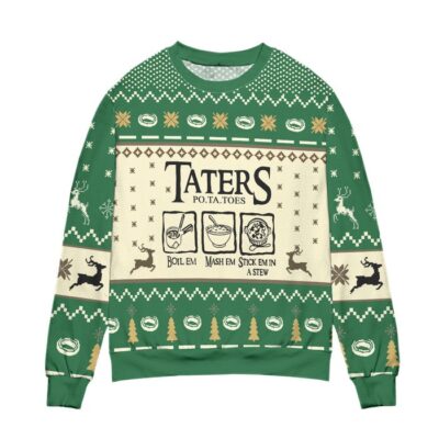 Lord of The Rings Taters Potatoes Recipe Pine Tree Reindeer Pattern Ugly Christmas Sweater Green 1