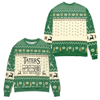 Lord of The Rings Taters Potatoes Recipe Pine Tree & Reindeer Pattern Ugly Christmas Sweater - Green
