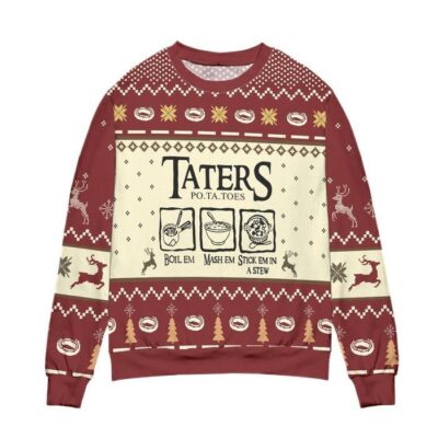 Lord of The Rings Taters Potatoes Recipe Pine Tree Reindeer Pattern Ugly Christmas Sweater Red 1